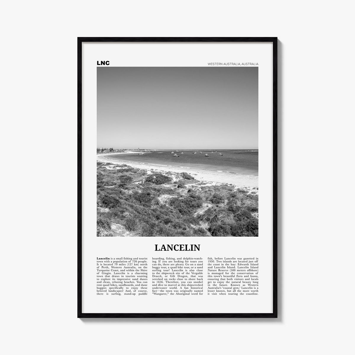 Lancelin black & white newspaper poster of Australia – vertical wall art, unframed print shown in interior mockup