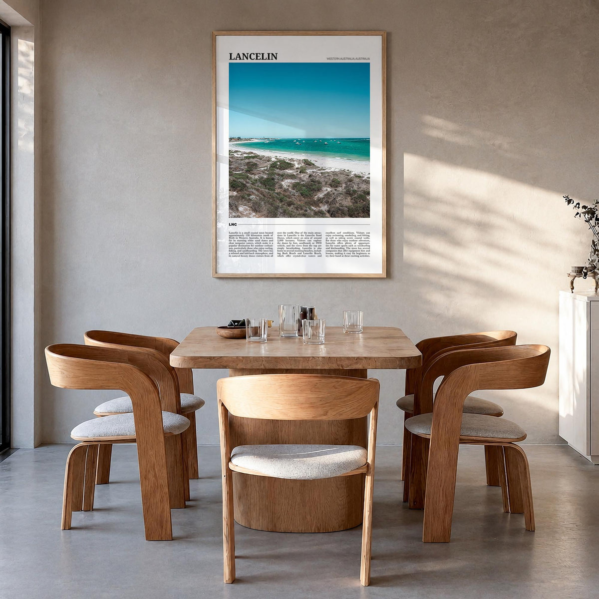 Lancelin colorful travel poster of Australia – vertical wall art in natural wood frame, hanging on wall