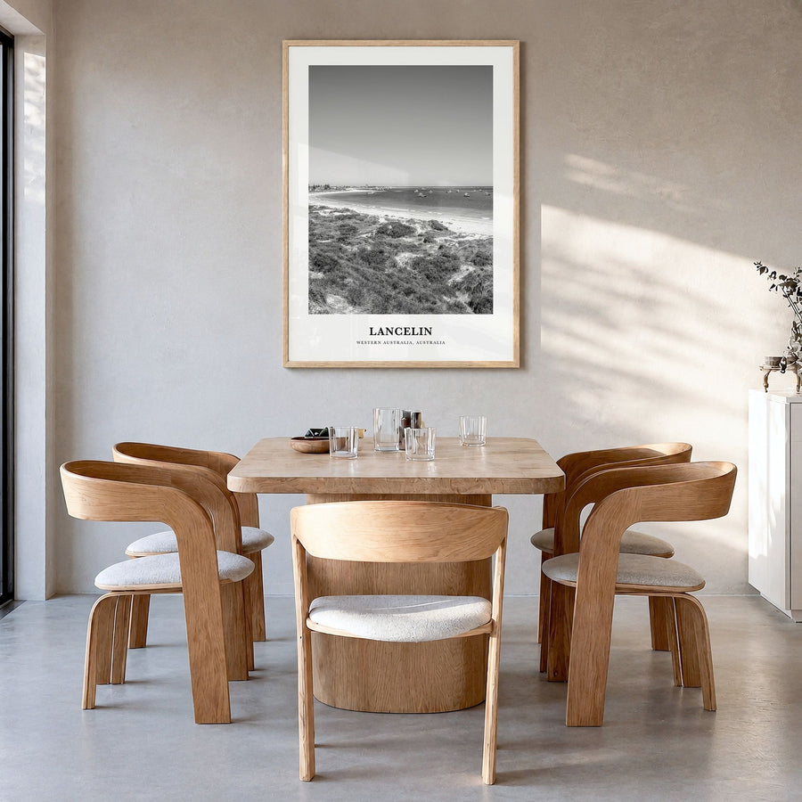 Lancelin Classic Poster in a natural wood frame, hanging in a dining room