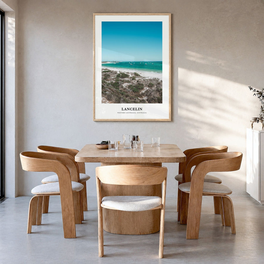 Lancelin Classic Poster in a natural wood frame, hanging in a dining room