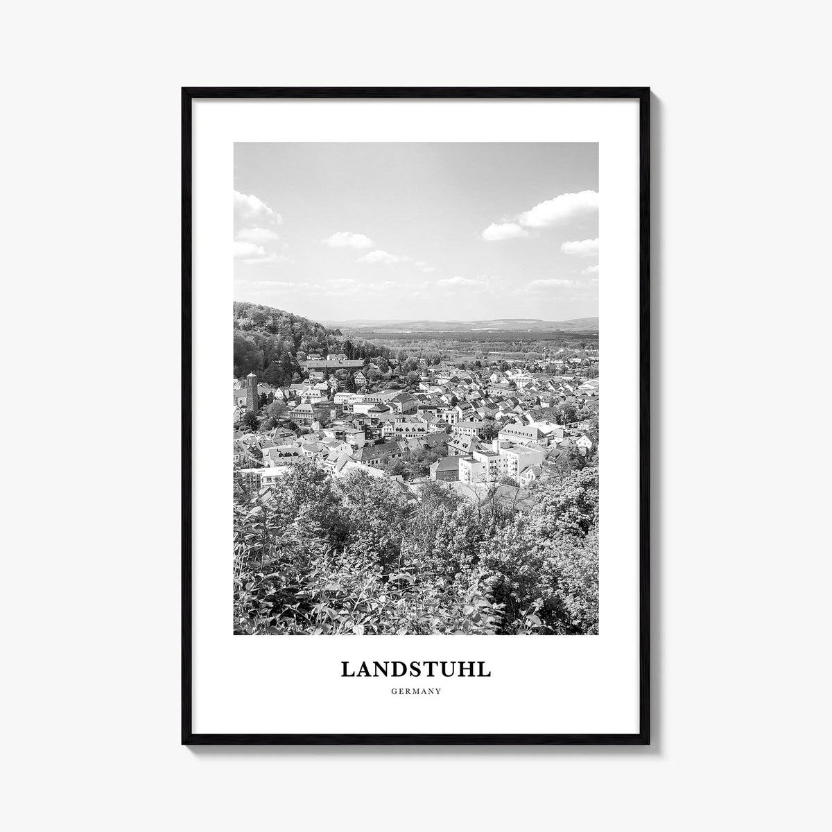 Landstuhl black & white classic poster of Germany – vertical wall art, unframed print shown in interior mockup
