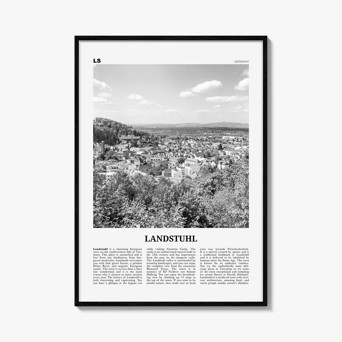 Landstuhl black & white newspaper poster of Germany – vertical wall art, unframed print shown in interior mockup