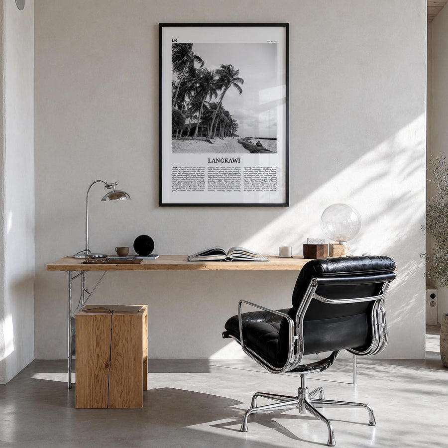 Langkawi black & white newspaper poster of Malaysia – vertical wall art in black wood frame, hanging on wall