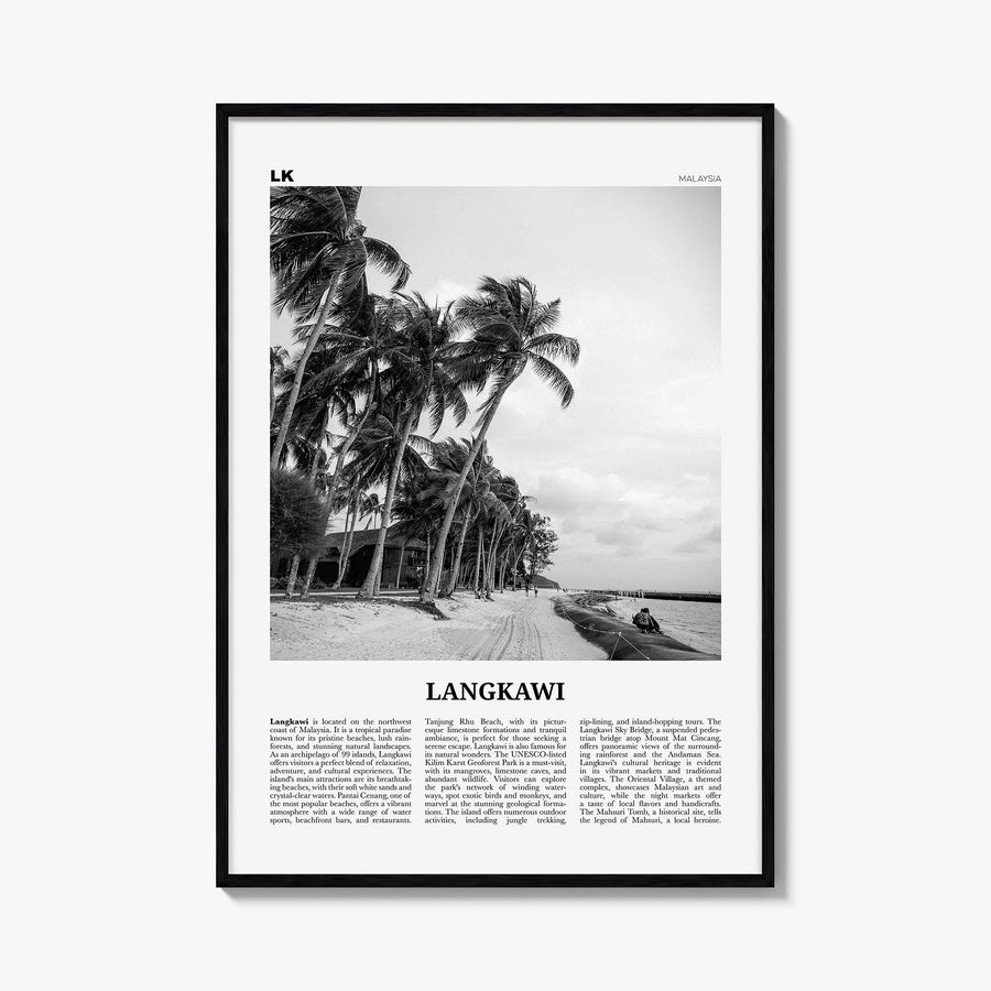 Langkawi black & white newspaper poster of Malaysia – vertical wall art, unframed print shown in interior mockup