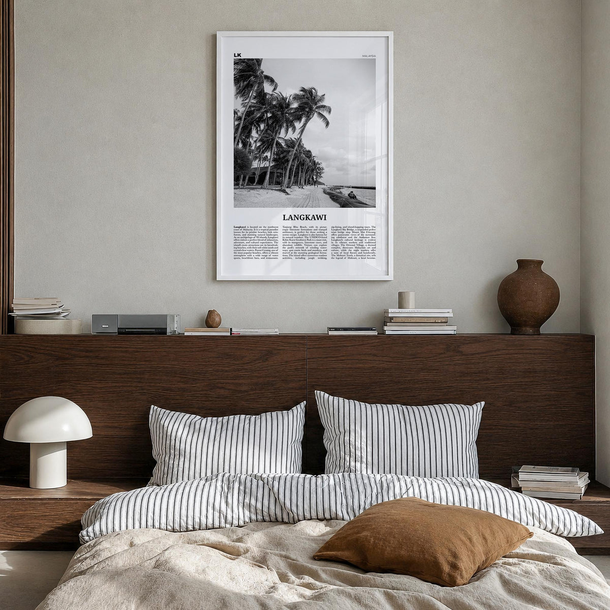 Langkawi black & white newspaper poster of Malaysia – vertical wall art in white wood frame, hanging on wall
