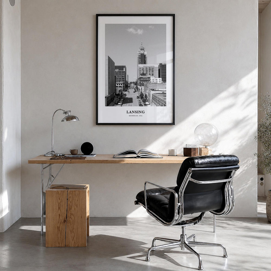 Lansing black & white classic poster of Michigan, USA – vertical wall art in black wood frame, hanging on wall