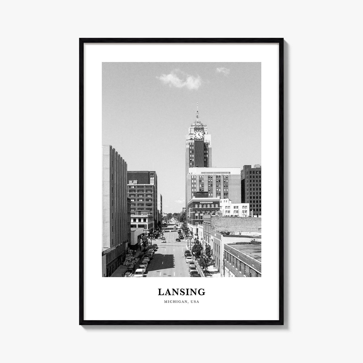 Lansing black & white classic poster of Michigan, USA – vertical wall art, unframed print shown in interior mockup
