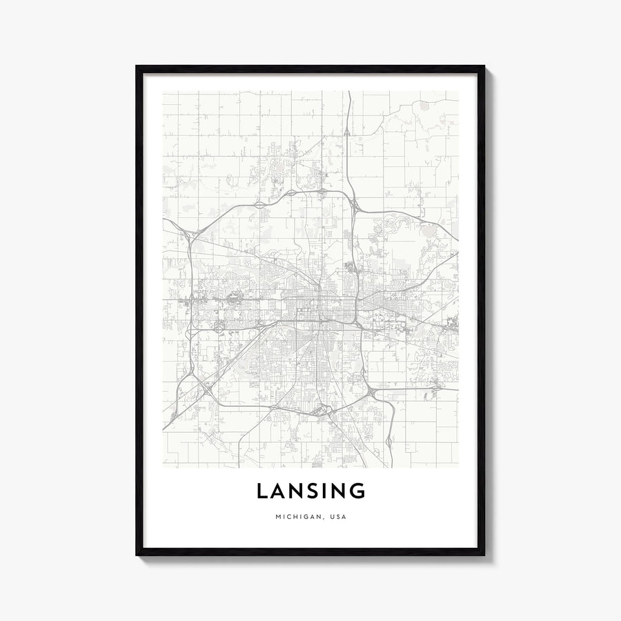 Lansing black & white map poster of Michigan, USA – vertical wall art, unframed print shown in interior mockup
