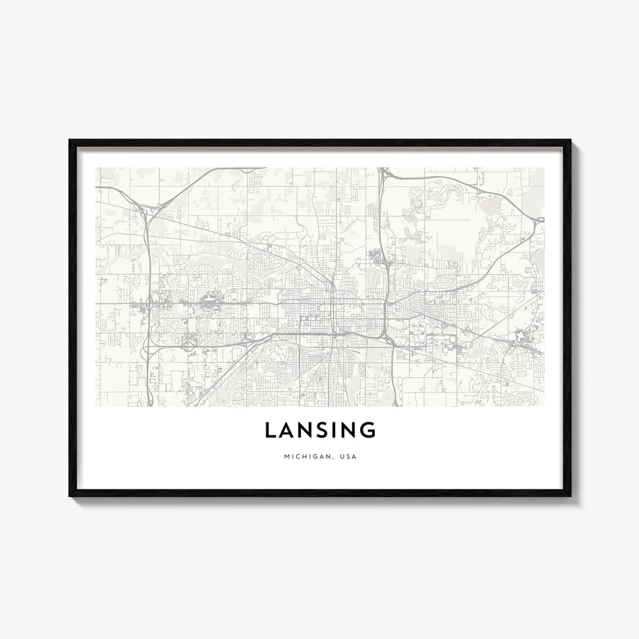 Lansing black & white map poster of Michigan, USA – horizontal wall art, unframed print shown in interior mockup