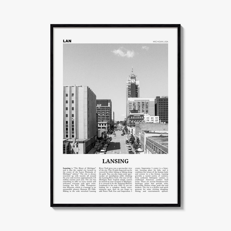 Lansing black & white newspaper poster of Michigan, USA – vertical wall art, unframed print shown in interior mockup
