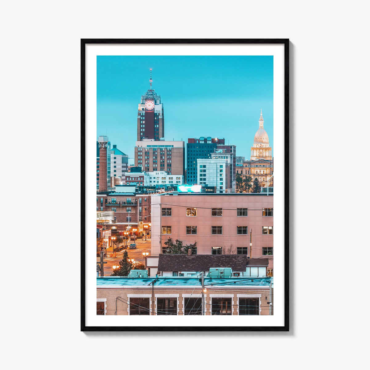 Lansing colorful photo poster of Michigan, USA – vertical wall art, unframed print shown in interior mockup