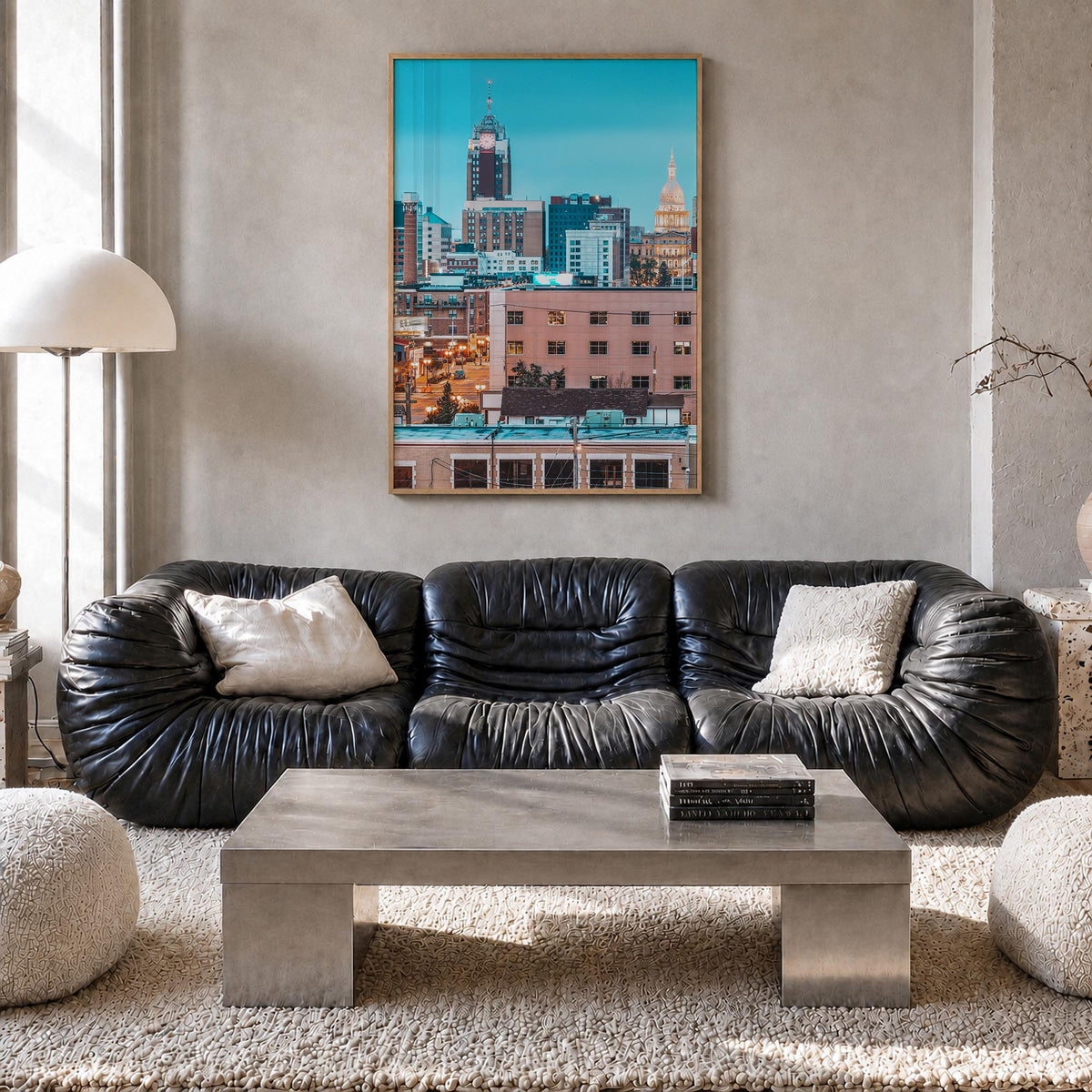 Lansing colorful photo poster of Michigan, USA – vertical wall art in natural wood frame, hanging on wall