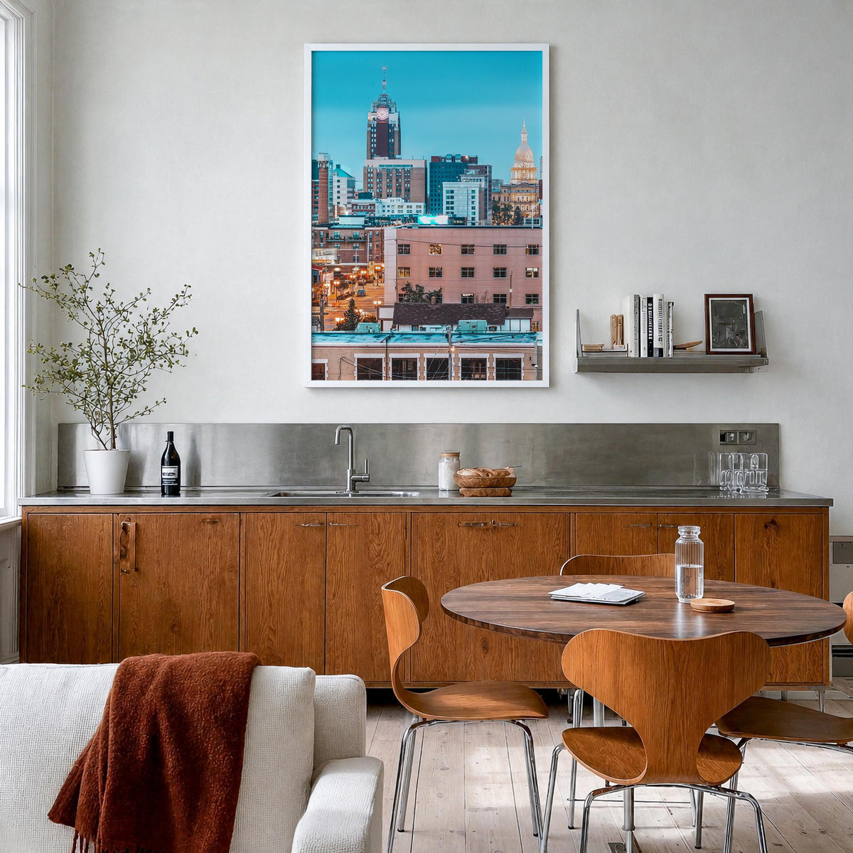 Lansing colorful photo poster of Michigan, USA – vertical wall art in white wood frame, hanging on wall