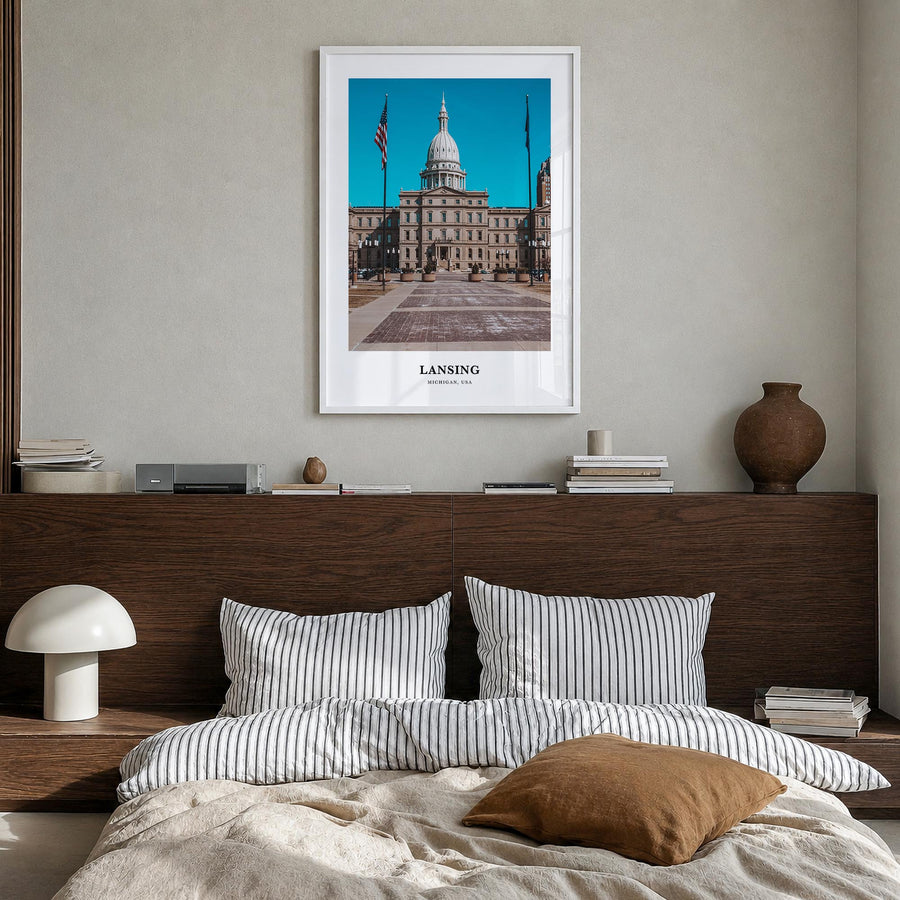 Lansing no. 1 colorful classic poster of Michigan, USA – vertical wall art in white wood frame, hanging on wall