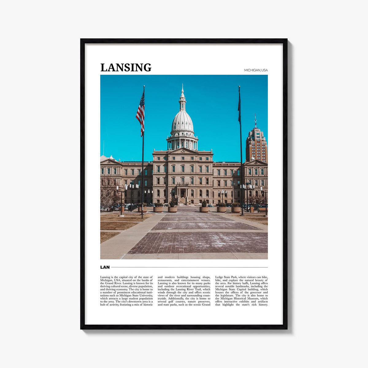 Lansing no. 1 colorful travel poster of Michigan, USA – vertical wall art, unframed print shown in interior mockup