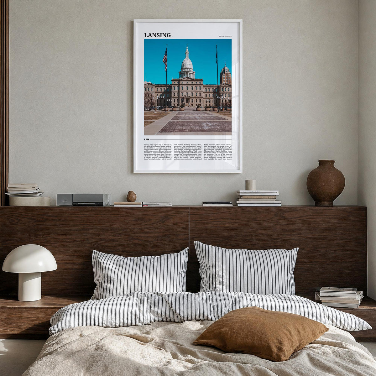 Lansing no. 1 colorful travel poster of Michigan, USA – vertical wall art in white wood frame, hanging on wall