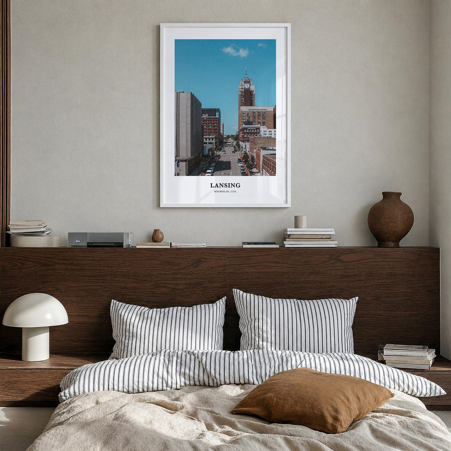 Lansing no. 2 colorful classic poster of Michigan, USA – vertical wall art in white wood frame, hanging on wall