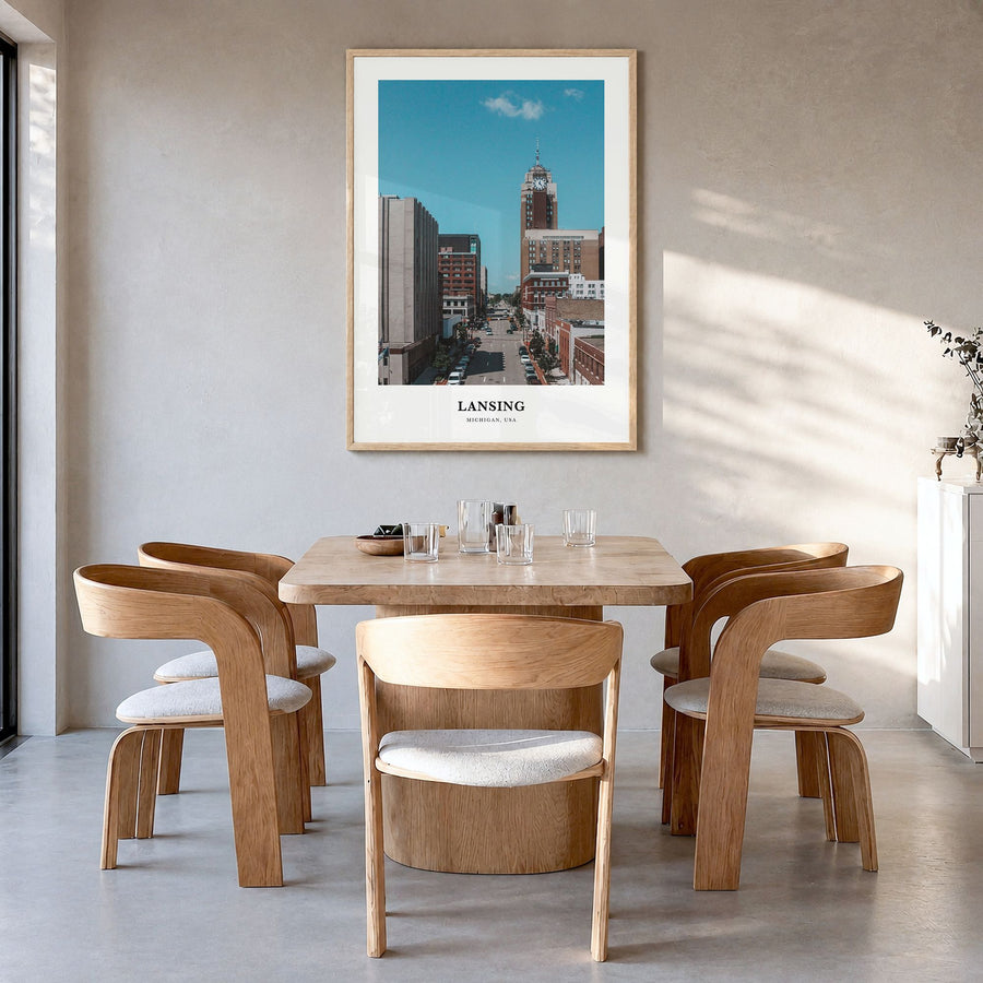 Lansing Classic No 2 Poster in a natural wood frame, hanging in a dining room