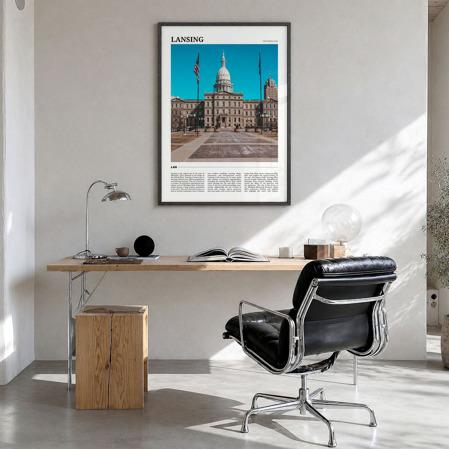 Lansing Travel No 1 Poster in a black wood frame, hanging in a bright home office