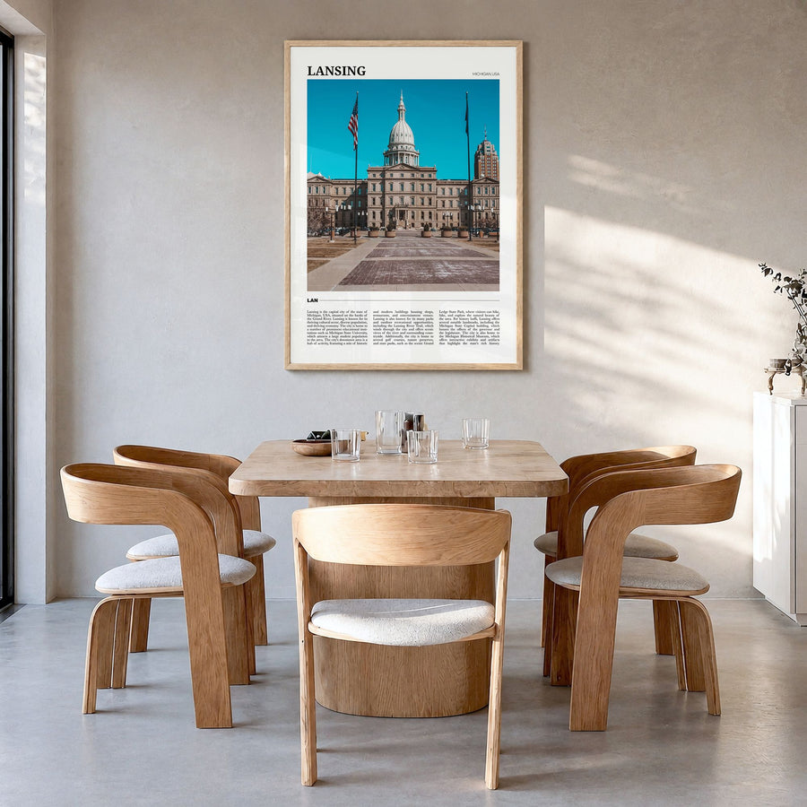 Lansing Travel No 1 Poster in a natural wood frame, hanging in a dining room