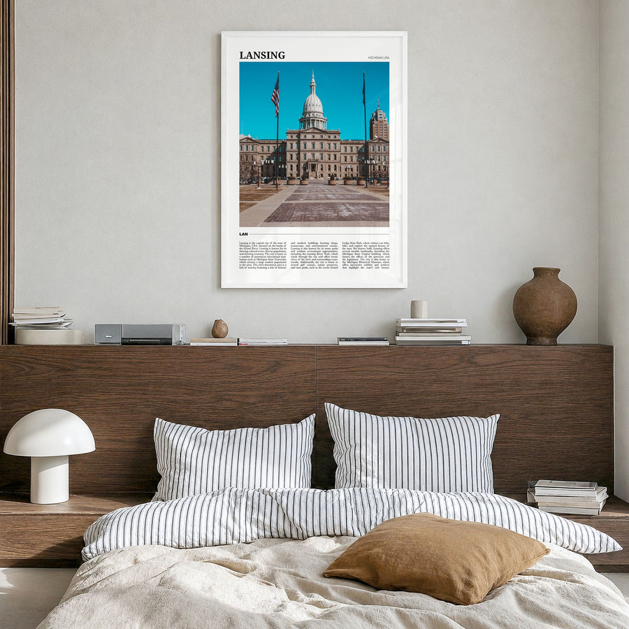 Lansing Travel No 1 Poster in a white wood frame, hanging in a bedroom