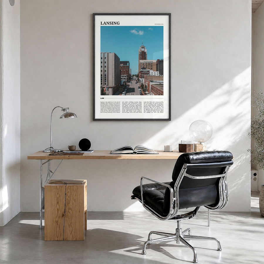 Lansing Travel No 2 Poster in a black wood frame, hanging in a bright home office