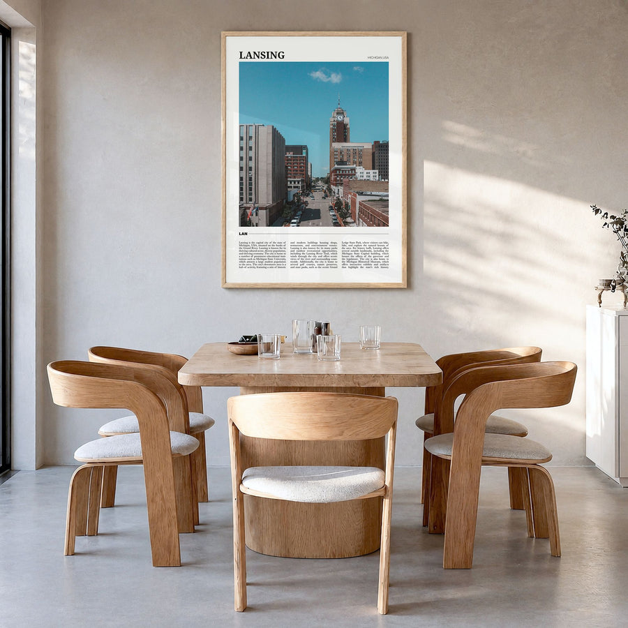Lansing Travel No 2 Poster in a natural wood frame, hanging in a dining room