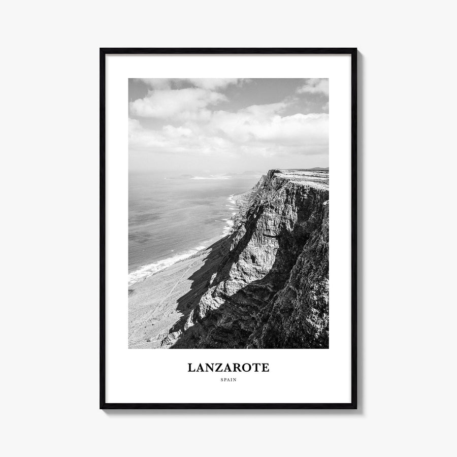 Lanzarote black & white classic poster of Spain – vertical wall art, unframed print shown in interior mockup