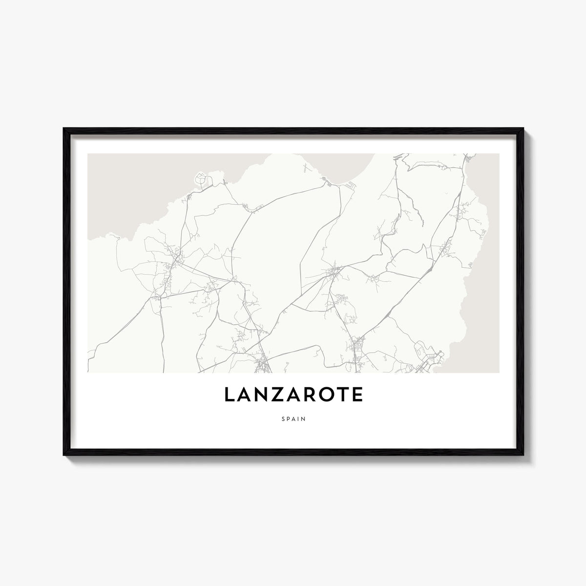 Lanzarote black & white map poster of Spain – horizontal wall art, unframed print shown in interior mockup