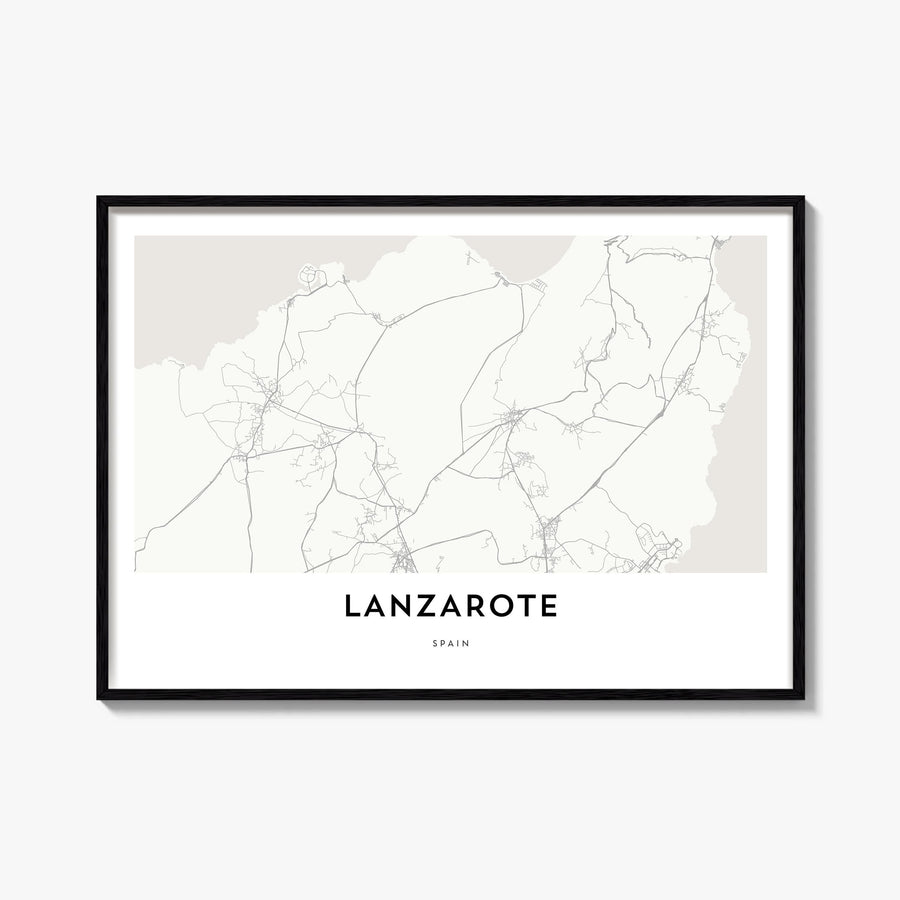 Lanzarote black & white map poster of Spain – horizontal wall art, unframed print shown in interior mockup