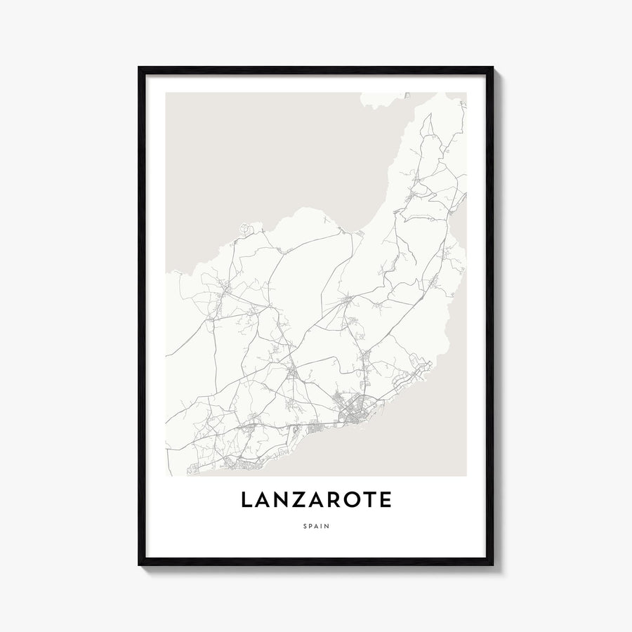 Lanzarote black & white map poster of Spain – vertical wall art, unframed print shown in interior mockup