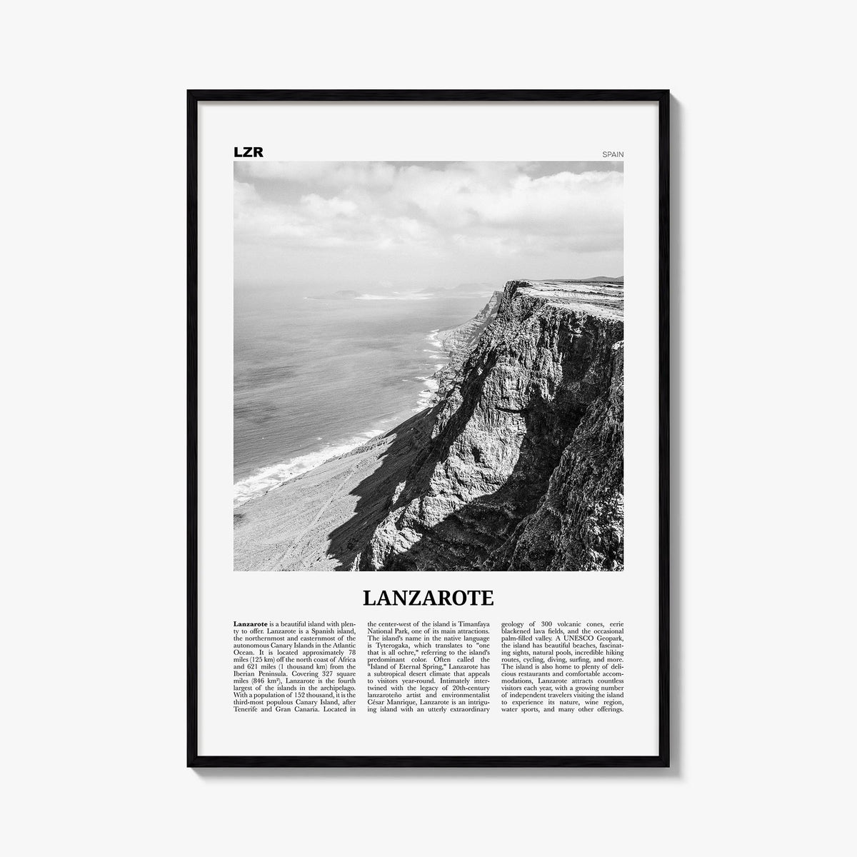 Lanzarote black & white newspaper poster of Spain – vertical wall art, unframed print shown in interior mockup
