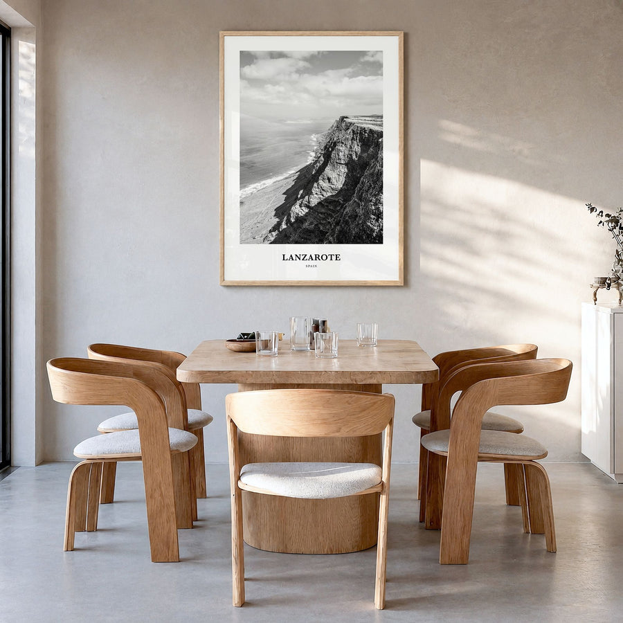 Lanzarote Classic Poster in a natural wood frame, hanging in a dining room