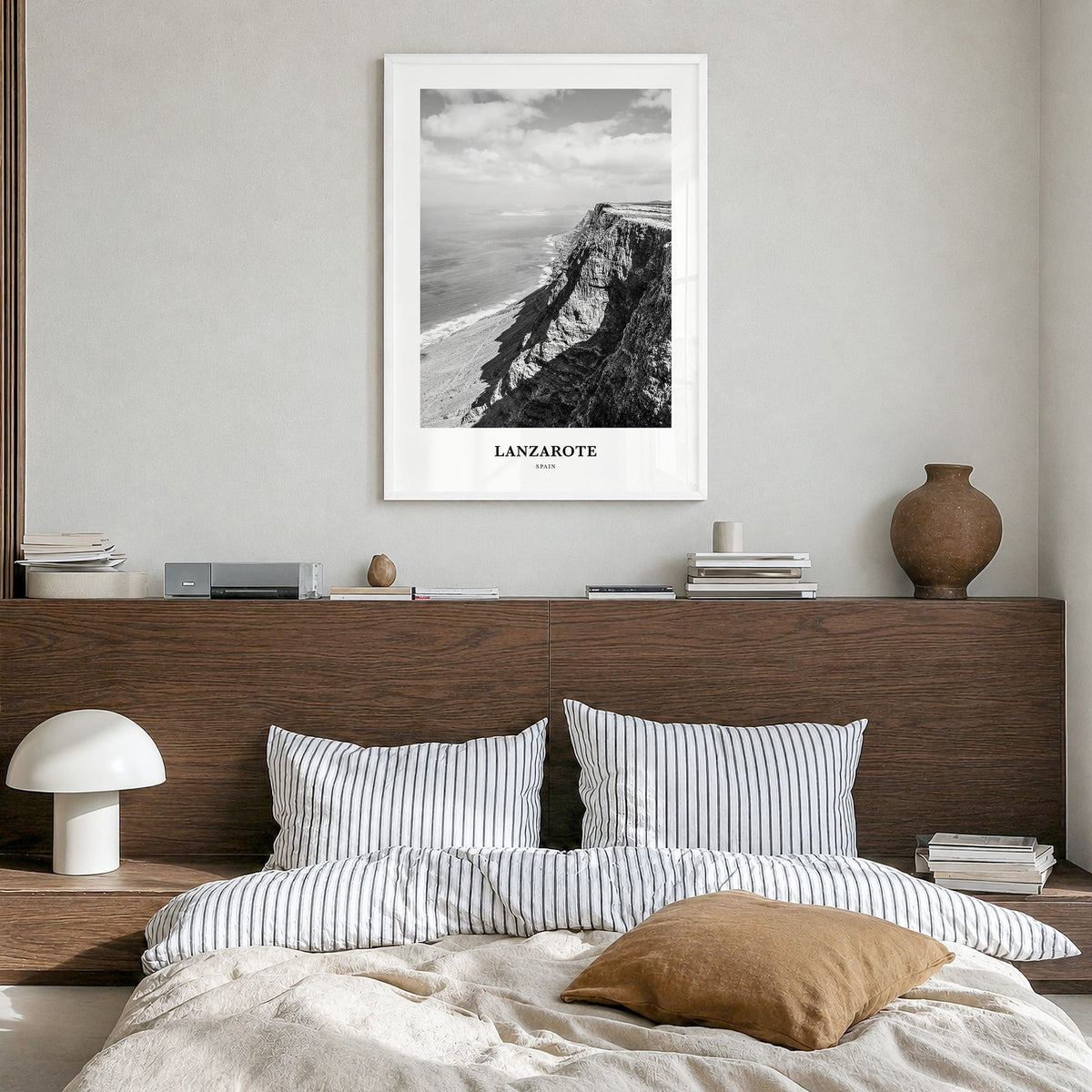 Lanzarote Classic Poster in a white wood frame, hanging in a bedroom