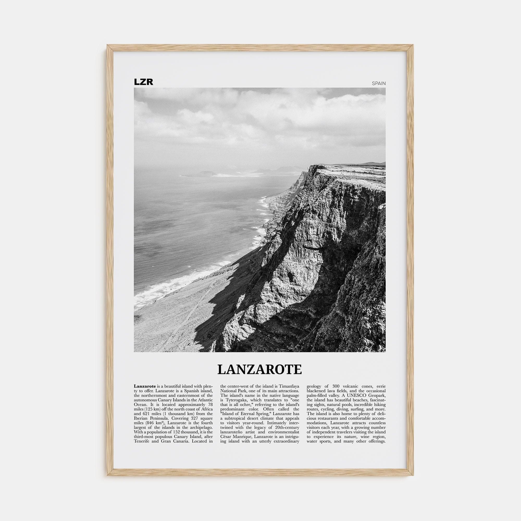 Lanzarote Poster Natural Wood / 8x12 in Nbourhood Travel B&W Poster