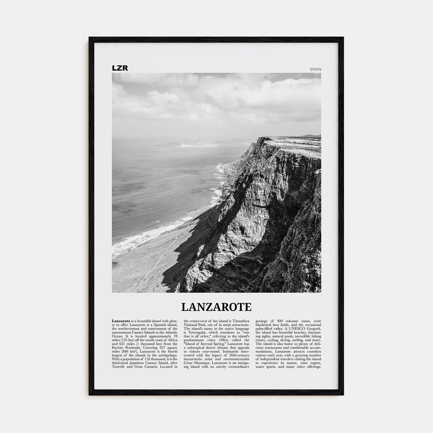 Lanzarote Poster Black Wood / 8x12 in Nbourhood Travel B&W Poster