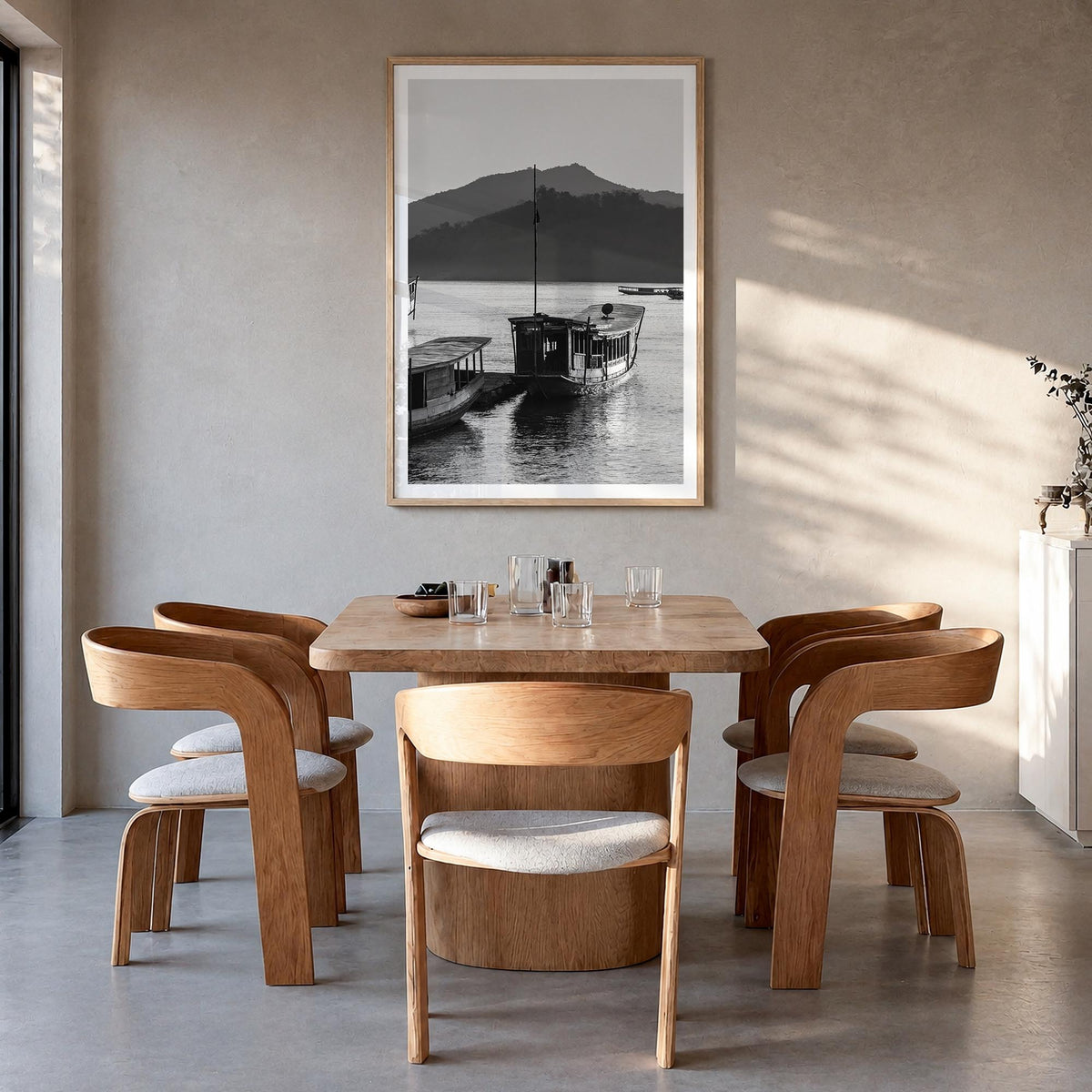 Laos black & white photo poster of Asia – vertical wall art in natural wood frame with white border, hanging on wall