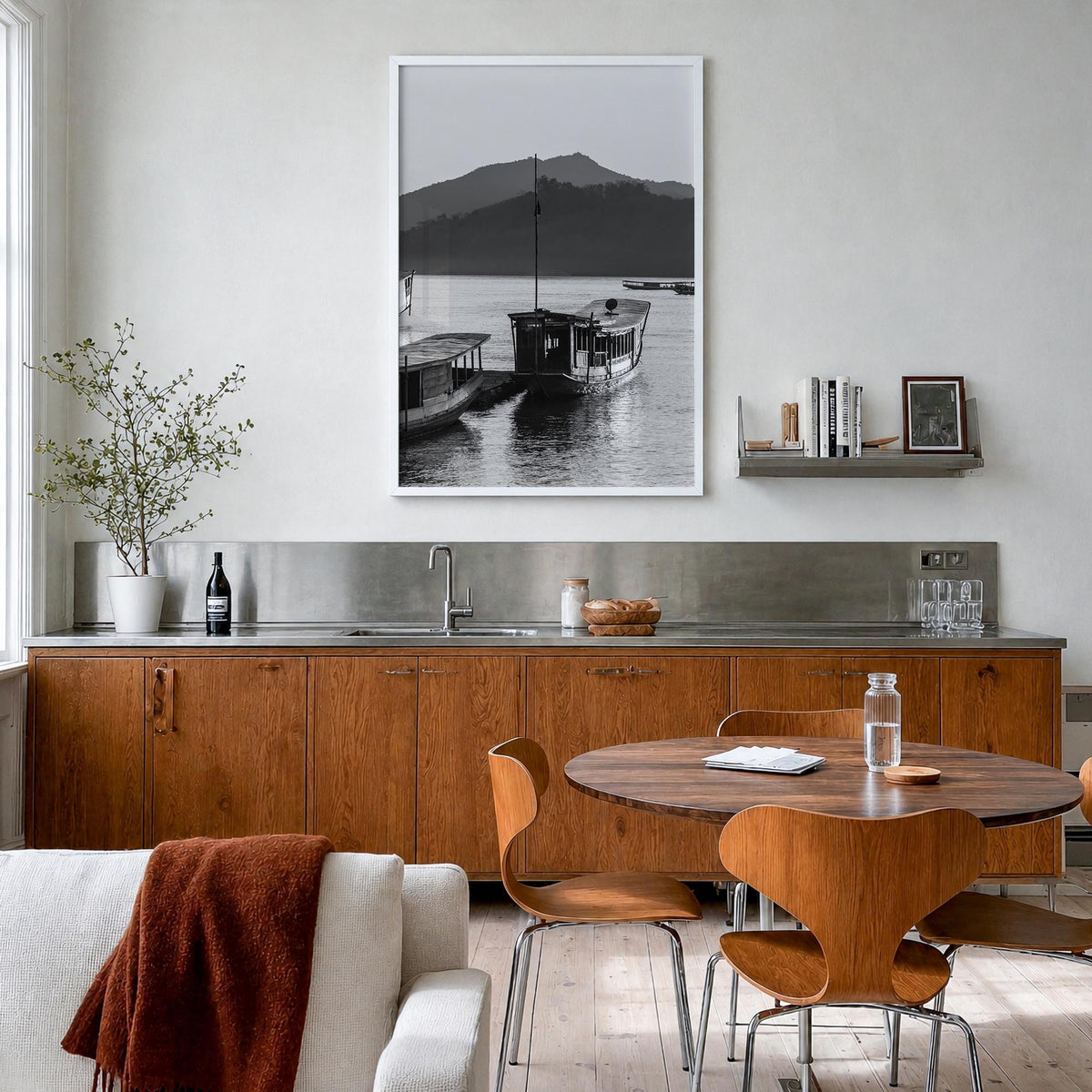 Laos black & white photo poster of Asia – vertical wall art in white wood frame, hanging on wall