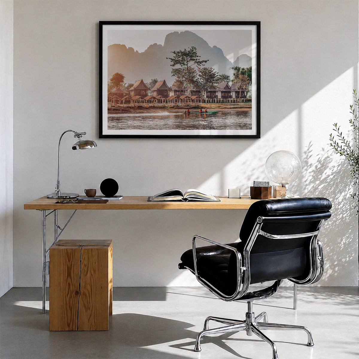 Laos colorful photo poster of Asia – horizontal wall art in black wood frame with white border, hanging on wall