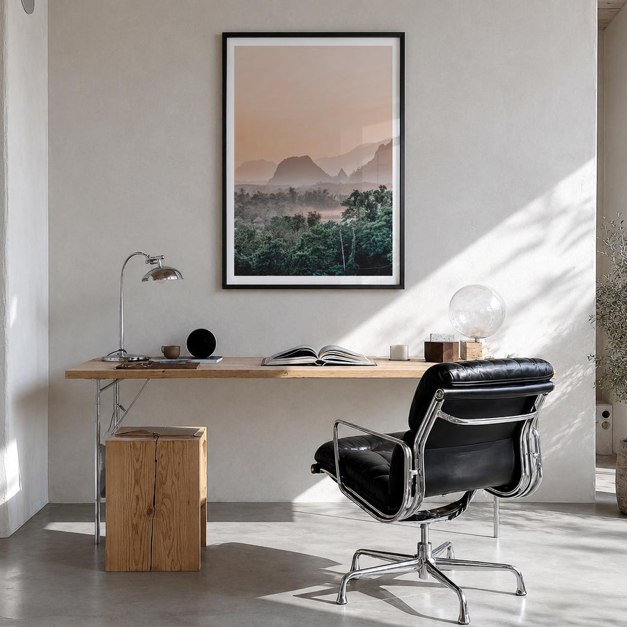 Laos colorful photo poster of Asia – vertical wall art in black wood frame with white border, hanging on wall