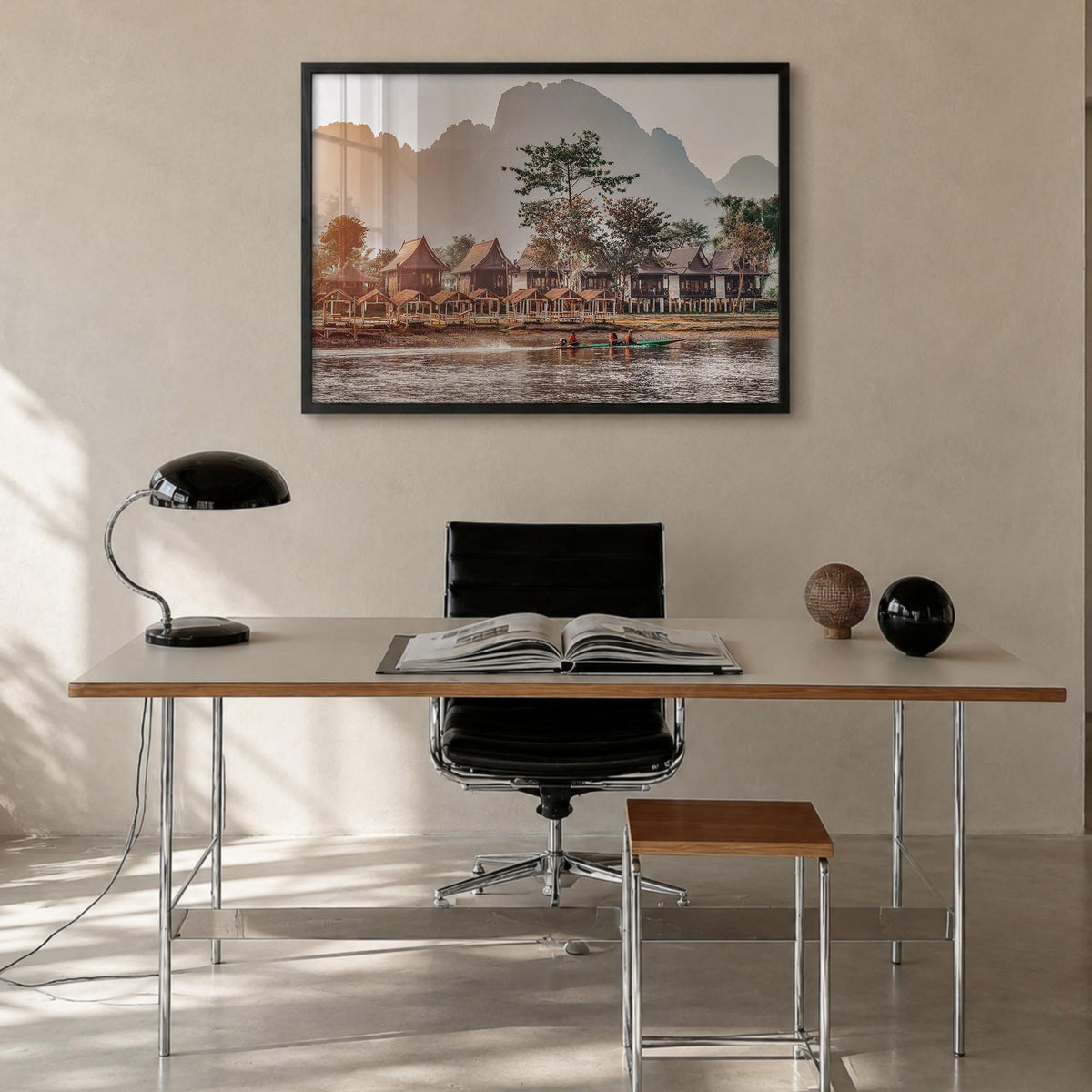 Laos colorful photo poster of Asia – horizontal wall art in black wood frame, hanging on wall