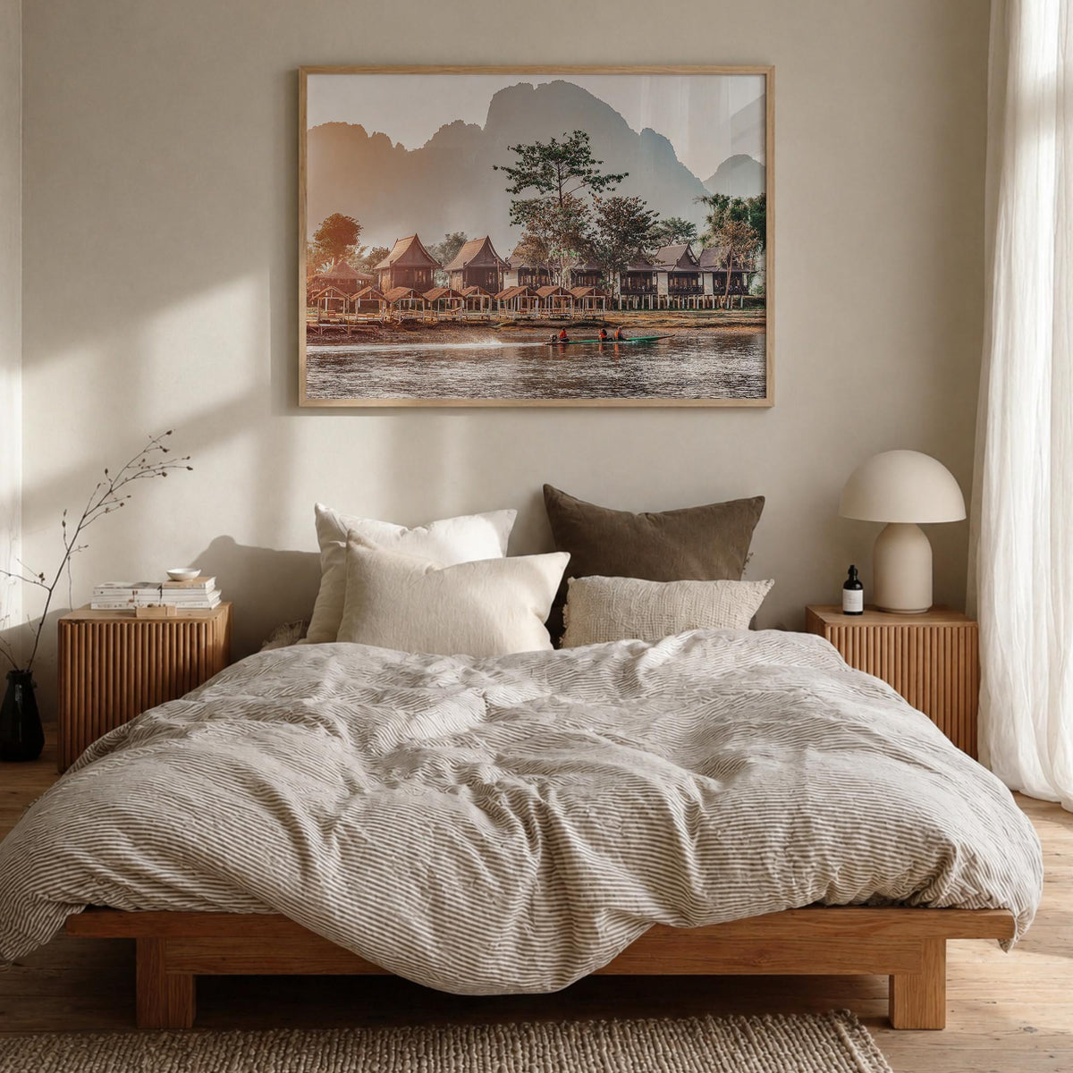 Laos colorful photo poster of Asia – horizontal wall art in natural wood frame, hanging on wall