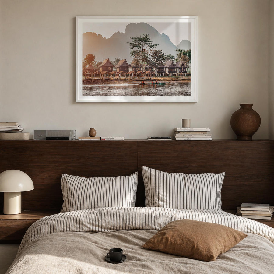 Laos colorful photo poster of Asia – horizontal wall art in white wood frame with white border, hanging on wall