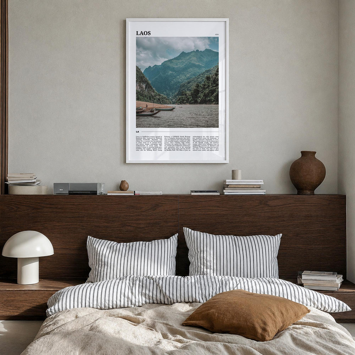 Laos colorful travel poster of Asia – vertical wall art in white wood frame, hanging on wall