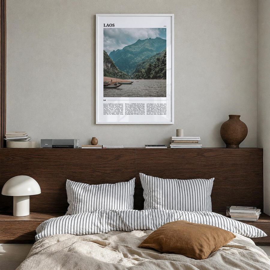 Laos colorful travel poster of Asia – vertical wall art in white wood frame, hanging on wall