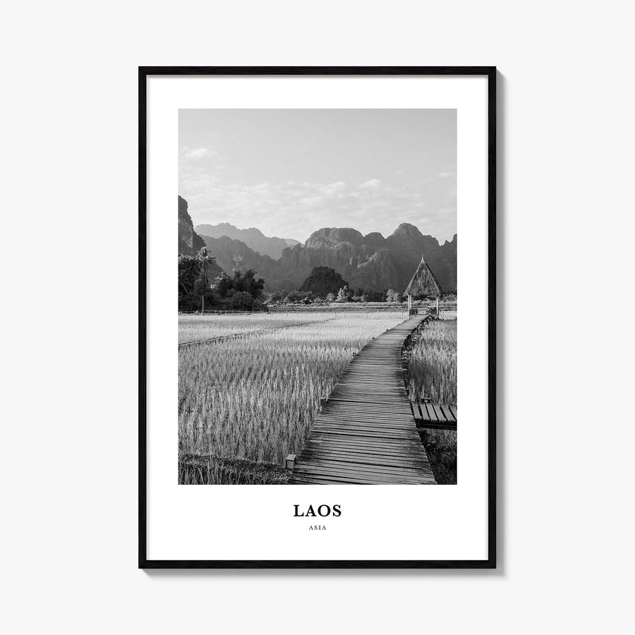 Laos no. 1 black & white classic poster of Asia – vertical wall art, unframed print shown in interior mockup