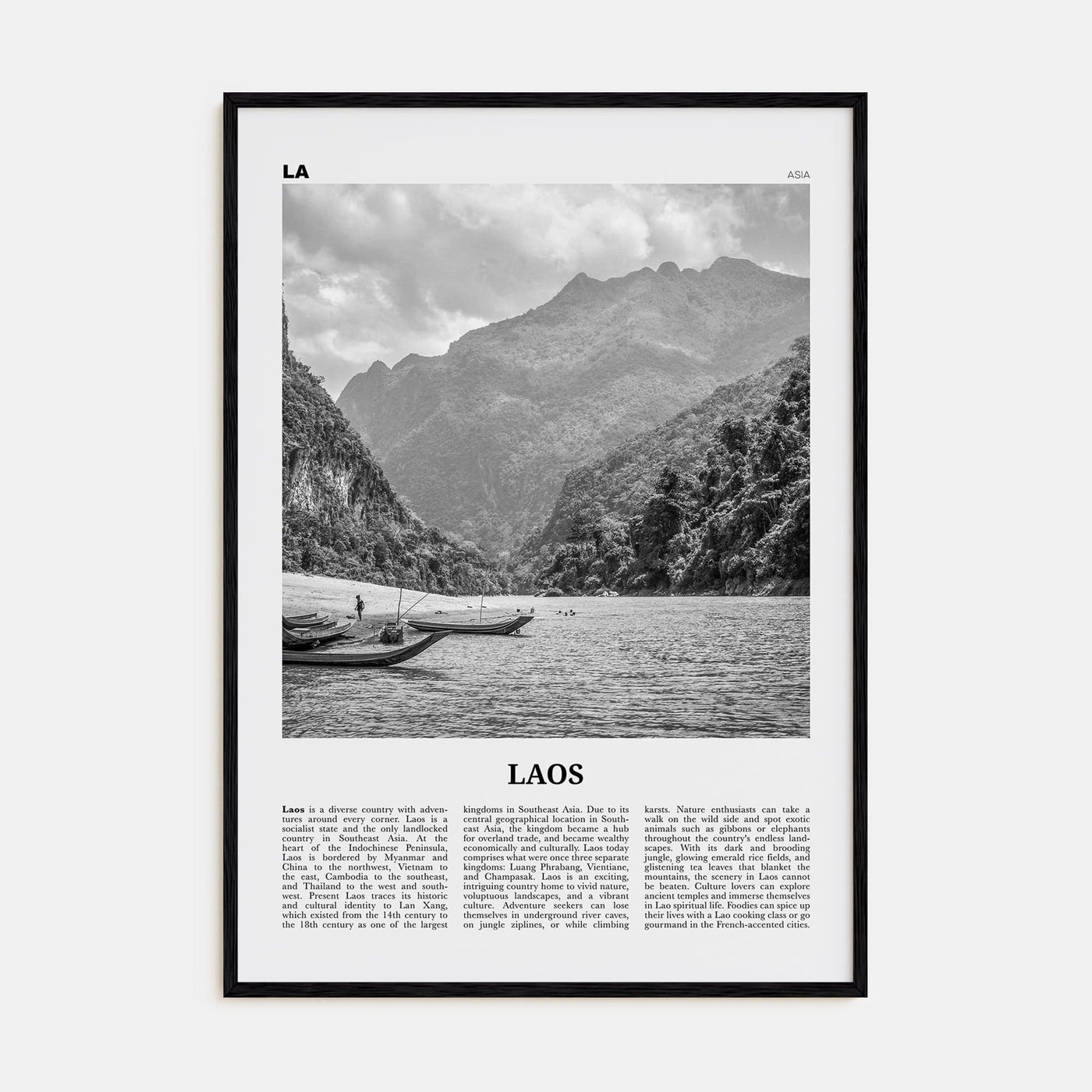 Laos No 1 Poster Black Wood / 8x12 in Nbourhood Travel B&W Poster