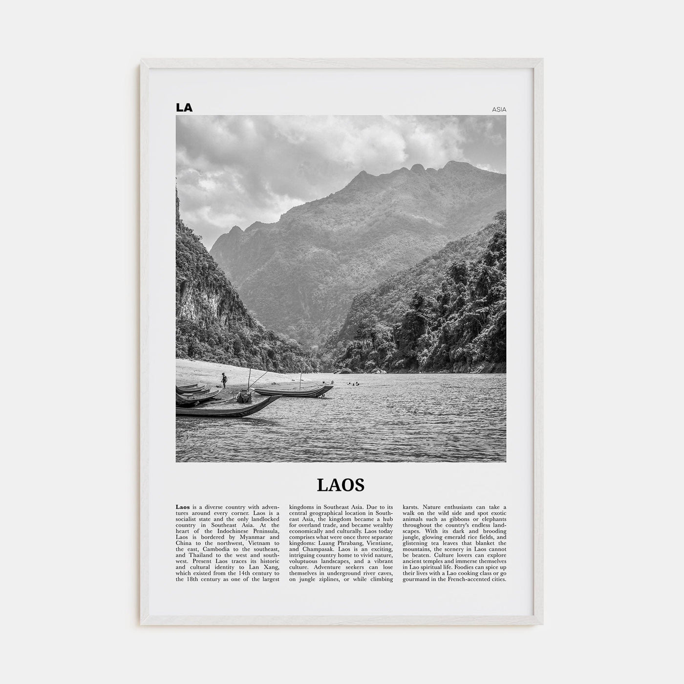 Laos No 1 Poster White Wood / 8x12 in Nbourhood Travel B&W Poster