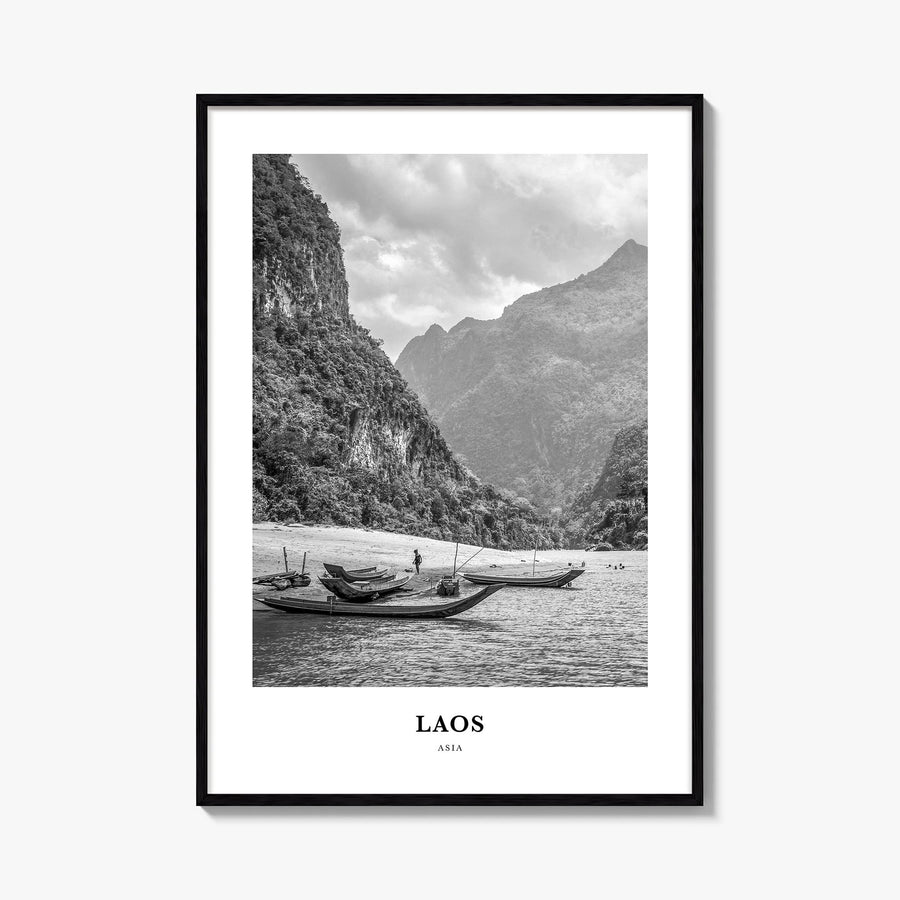 Laos no. 2 black & white classic poster of Asia – vertical wall art, unframed print shown in interior mockup