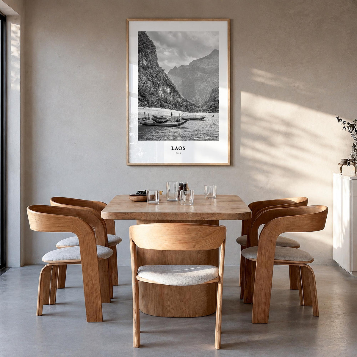 Laos no. 2 black & white classic poster of Asia – vertical wall art in natural wood frame, hanging on wall